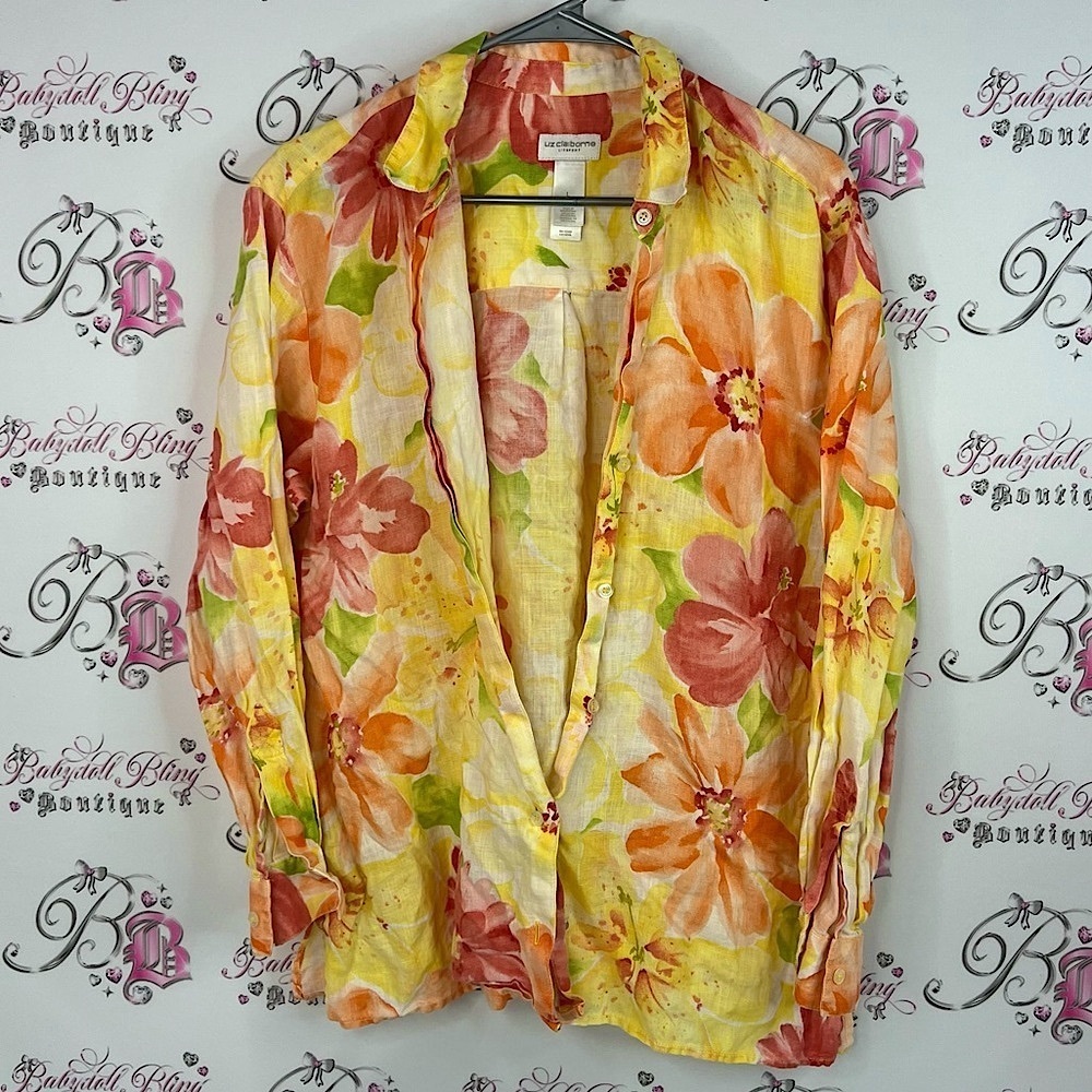 Liz Claiborne button down long sleeve flowers Orange and Yellow Floral Shirt
